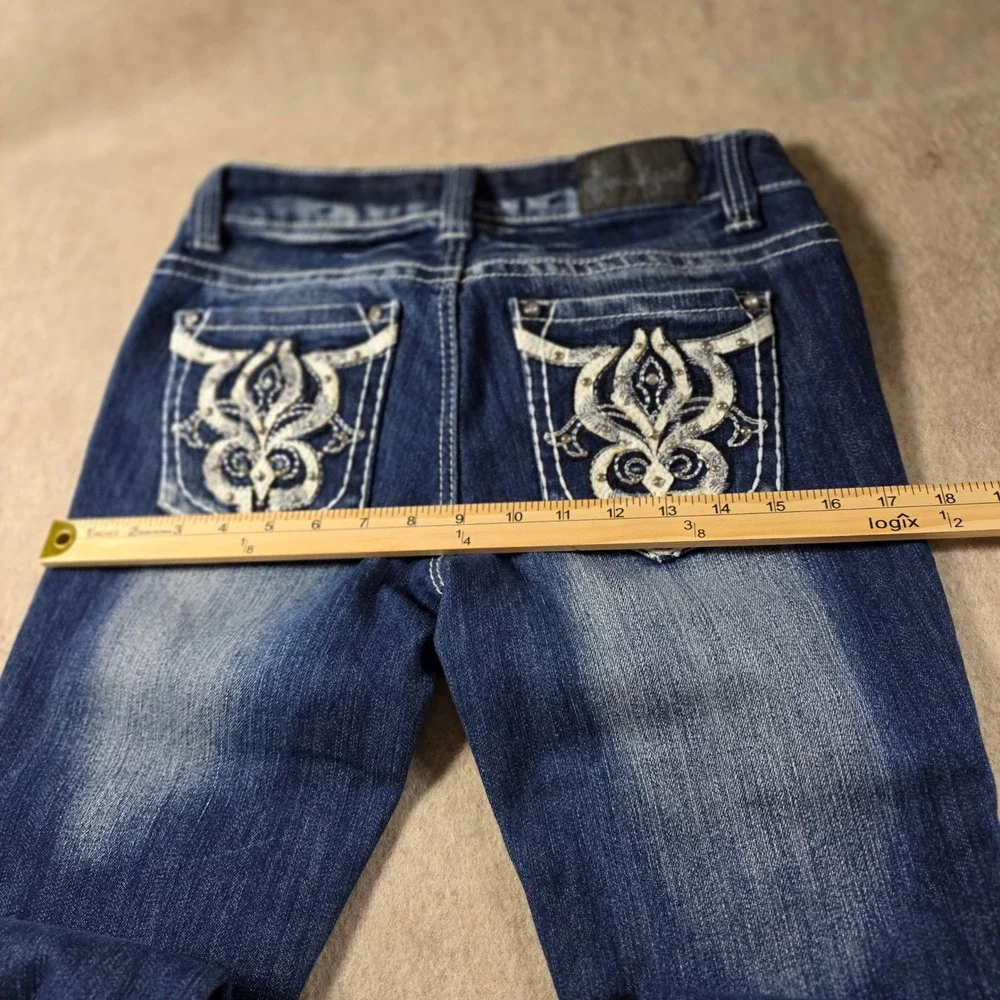 Soundgirl Womens Bootcut Jeans Dark Wash Embroidered Studded Pockets Size 7 Y2K